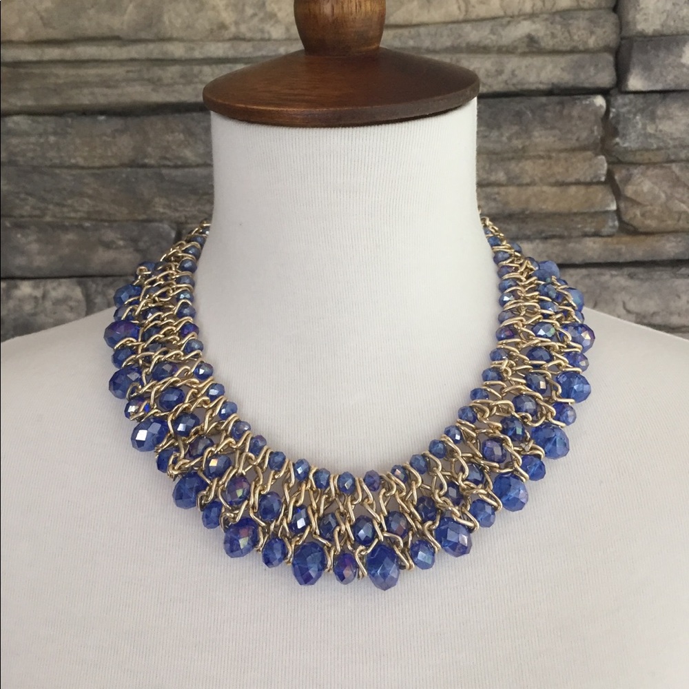 Blue beaded bib statement necklace